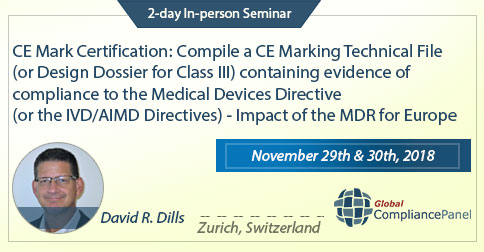 CE Mark Certification: Compile a CE Marking Technical File (or Design Dossier for Class III) containing evidence of compliance to the Medical Devices Directive (or the IVD/AIMD Directives) - Impact of the MDR for Europe